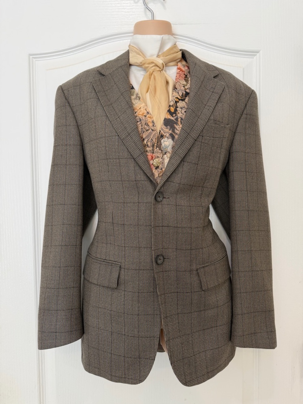 Vintage Oscar de la Renta Taupe Brown Glen Plaid Wool Cashmere Blazer, Size M - Picture 4 of 16